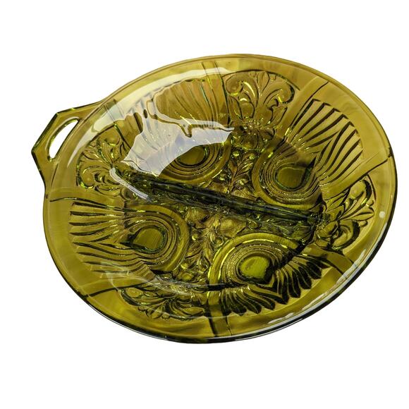 Vintage Divided Indiana Glass Side Condiment Vegetable Dish Plate Green Retro - Picture 1 of 16